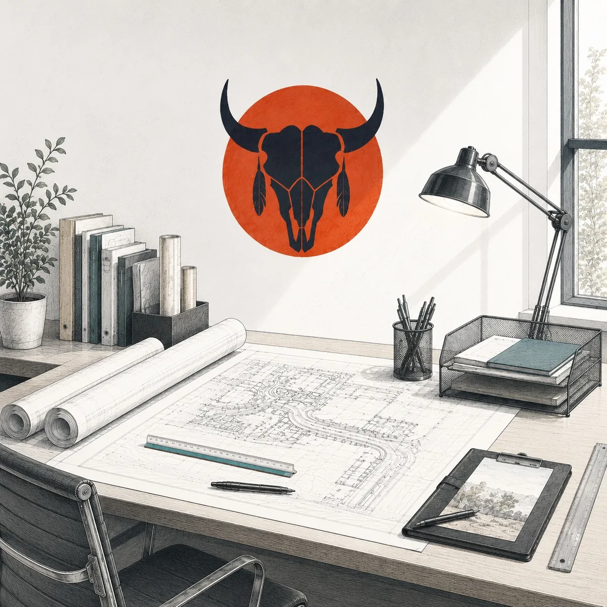 Illustration of a vintage civil engineer's drafting station with the Proudfoot & Associates mark